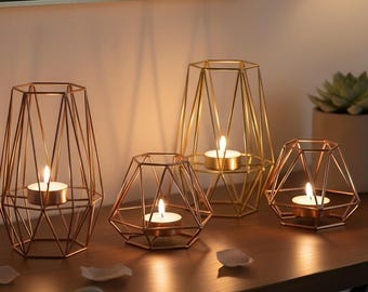 Zeshoekige metalen votiefkaarsenhouder – Vintage geometrisch ontwerp, verlichte kaarsenhouder voor bruiloften, roze of goud