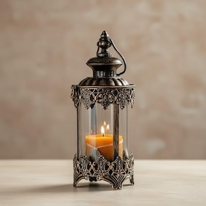 Può includere: Una lanterna in stile antico con finitura bronzo. Presenta intricati dettagli in filigrana e un cilindro di vetro trasparente che ospita una candela accesa. La candela arancione emana un bagliore caldo. La lanterna ha un manico.
