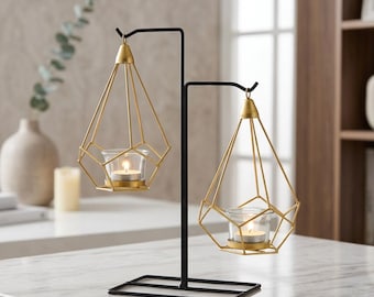 Gouden Scandinavische geometrische kandelaar – Moderne metalen kroonluchter met hangende kap, bruilofts- en tafeldecoratie