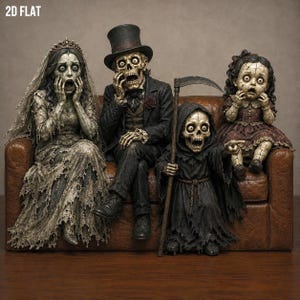 May include: A set of four skeletal figurines sitting on a brown leather couch. The group includes a bride in a tattered white dress, a groom in a black suit and top hat, a small hooded figure holding a scythe, and a child in a dark dress.