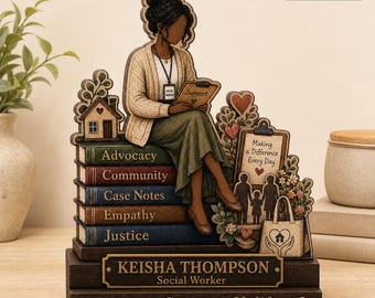 Custom Black Social Worker Wooden Block 2D Flat, African American Social Worker Desk Sign