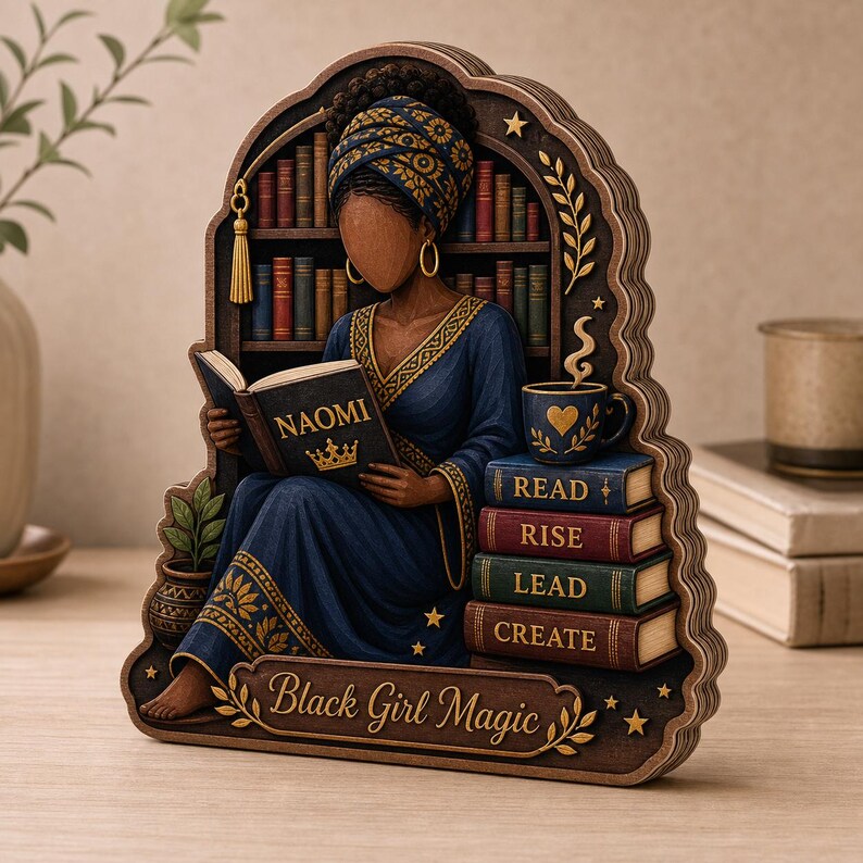 May include: A layered wooden decorative plaque featuring a person wearing a blue patterned robe and headwrap, reading a book titled NAOMI with a crown icon. Beside them are stacked books labeled READ, RISE, LEAD, CREATE, a mug, and the text Black Girl Magic.