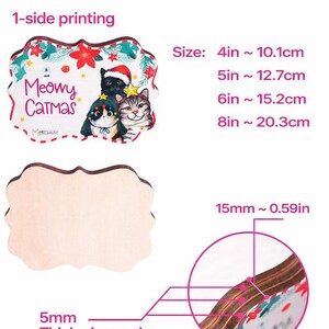 May include: A custom shape wooden block with 1-side printing featuring three cats in holiday attire and the text Meowy Catmas. The block is made of 5mm thick plywood, measuring 15mm or 0.59 inches in edge thickness, with available sizes of 4, 5, 6, and 8 inches.