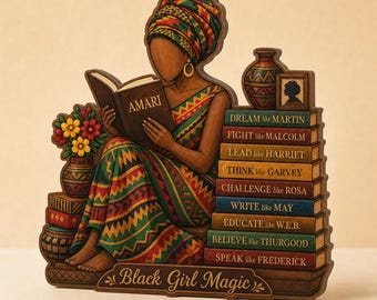 African American Woman Reading Wooden Block, Personalized Name Plaque, Black Girl Magic Decor, Afrocentric Bookshelf Art Gift