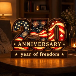 May include: A wooden illuminated anniversary decoration featuring the numbers "250" and the phrases "ANNIVERSARY" and "year of freedom". The numbers and text are filled with American flag designs, including stars, stripes, and fireworks. The decoration is lit from within.