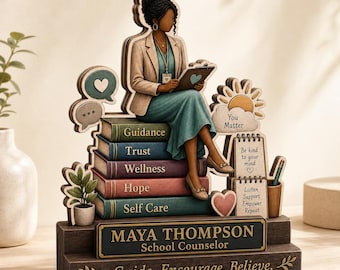 Custom Black School Counselor Wooden Block 2D Flat, African American Woman Reading, End Of Year Gift
