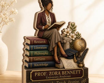 Custom Black Professor Wooden Block 2D Flat, African American Professor Woman, Academic Office Decor