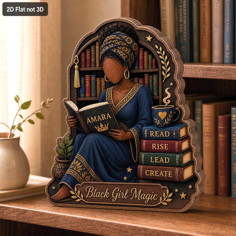May include: A 2D flat wooden decorative sign featuring a person with a dark complexion wearing a blue patterned headwrap and dress, reading a book labeled AMARA with a crown. It includes a stack of books labeled READ, RISE, LEAD, CREATE and text reading Black Girl Magic.