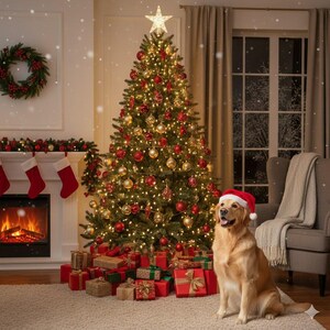 May include: A festive Christmas scene featuring a decorated tree with red and gold baubles, fairy lights, and a star. A dog wearing a Santa hat sits in front of the tree. Presents are piled beneath, with a fireplace and stockings in the background.