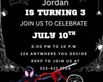 Spider-Man verjaardagsuitnodiging, bewerkbare en afdrukbare sjabloon, leuke Spider-Man-feestuitnodiging, eenvoudig te bewerken in canvas, direct downloaden.