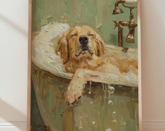 Golden Retriever Bathroom Wall Art Print, Vintage Impressionist Sage Green Decor
