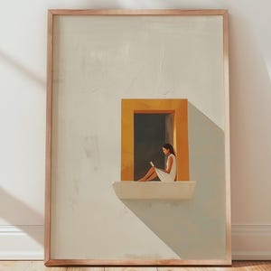 Minimalist Woman Reading Art Print, Warm Yellow Window Decor, Serene Living Room Wall Art