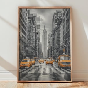 New York City Print, Empire State Building, Yellow Taxi Black White Photo