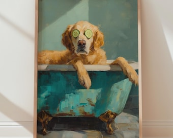 Golden Retriever Spa Day Wall Art, Vintage Turquoise Bathtub Painting, Whimsical Pet Decor