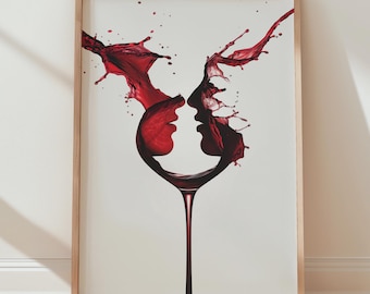 Romantische wijnplonskunstprint, modern gezichtdecor stel, keuken eetkamer kunst aan de muur
