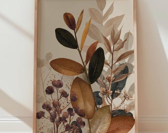 Neutral Botanical Wall Art Print with Abstract Leaves for Modern Minimalist Decor