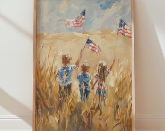 May include: A framed painting depicts three children holding American flags in a field of tall grass. The artwork uses a warm color palette with shades of yellow, brown, and blue. The painting is displayed on a wooden floor against a white wall.