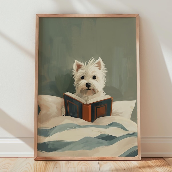 Westie Dog Reading Book Print, Whimsical Cream Teal Bedroom Decor