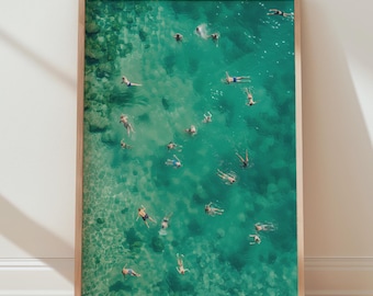 Turquoise Aerial Ocean Print, Coastal Beach Swimming Sea Poster, Tropical Water Decor
