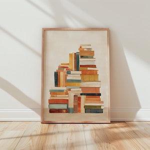 Vintage Book Stack Print, Cozy Literary Wall Art, Burnt Orange Teal Home Decor