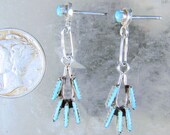 Solid 925 Sterling Silver and Turquoise Petit Point Earrings, Southwestern, Possible Zuni, Pierced Post