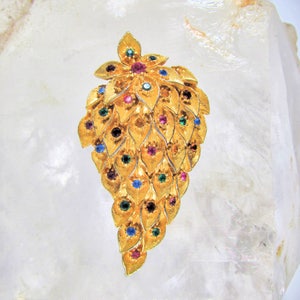 Vintage 1960s Goldtone Brooch, Strawberry or Grape Cluster, Lots of Multicolor Glass Rhinestones, Exceptional Condition