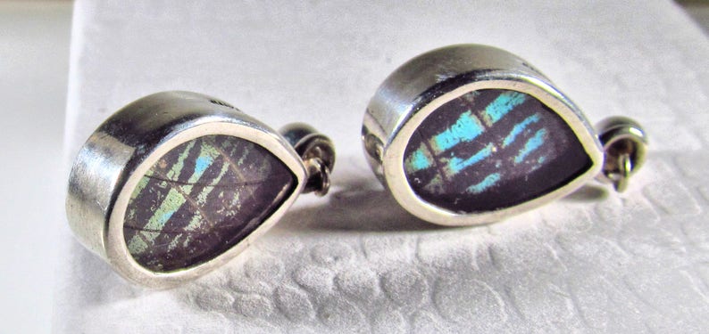 Solid 925 Sterling Silver Pierced Post Russian-Made Teardrop Dangle Earrings with Blue Green Yellow Butterfly Wings Behind Glass