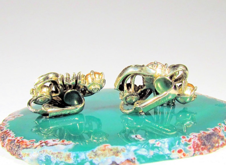 Vintage Coro Pegasus Goldtone and Orange Citrine Glass Round Rhinestone Textured Clip On Earrings