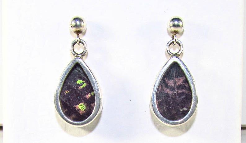 Solid 925 Sterling Silver Pierced Post Russian-Made Teardrop Dangle Earrings with Blue Green Yellow Butterfly Wings Behind Glass