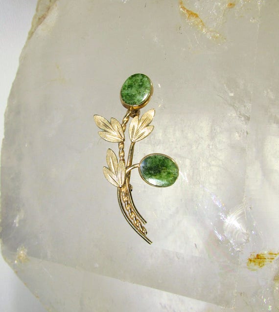 12k Filled Yellow Gold and Genuine Jade Flower Fl… - image 1