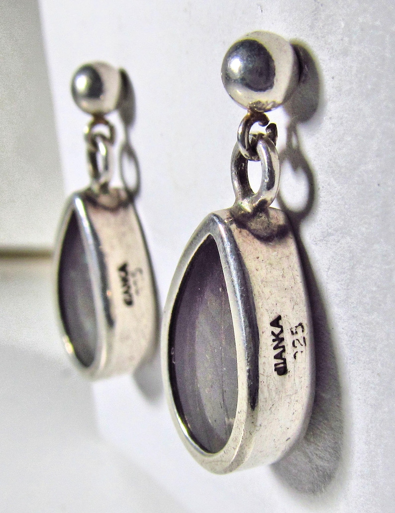 Solid 925 Sterling Silver Pierced Post Russian-Made Teardrop Dangle Earrings with Blue Green Yellow Butterfly Wings Behind Glass