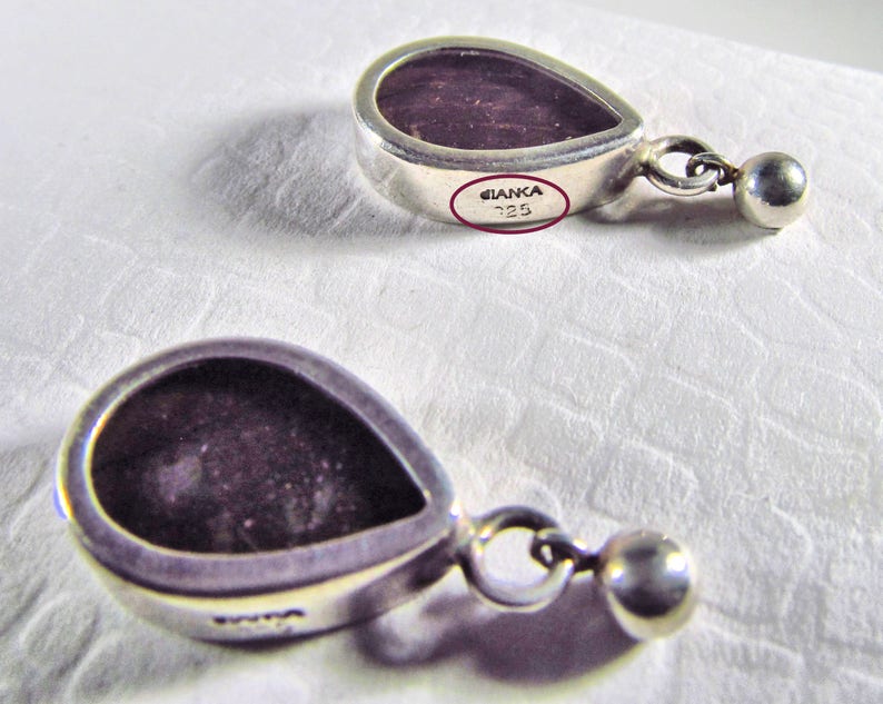 Solid 925 Sterling Silver Pierced Post Russian-Made Teardrop Dangle Earrings with Blue Green Yellow Butterfly Wings Behind Glass