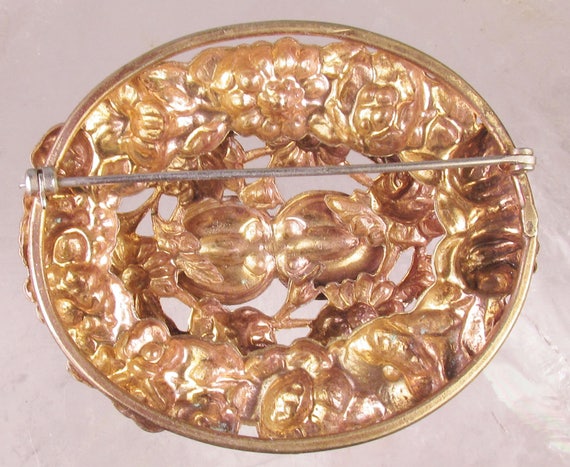 Antique Ornate Layered Brass Repousse Sash Pin - image 3