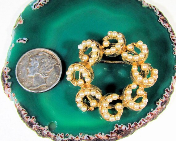 Vintage Goldtone and Faux Plastic Seed Pearl Cres… - image 1