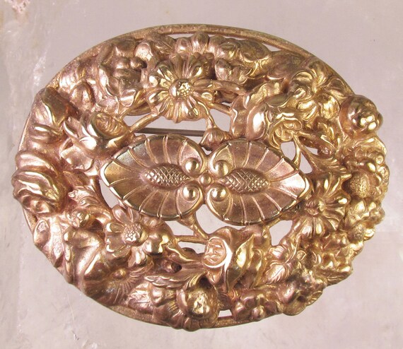Antique Ornate Layered Brass Repousse Sash Pin - image 1