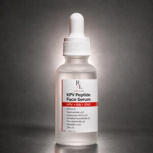 May include: A frosted glass dropper bottle of Redline KPV Peptide Face Serum. The white label lists ingredients including KPV 0.1%, Niacinamide 10%, Hyaluronic Acid 0.5%, Dimethyl Isosorbide 3%, Pro-vitamin B5 5%, Allantoin 0.5%, and Zinc 1%. Volume is 1 fl oz US.