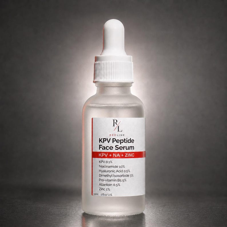 May include: A frosted glass dropper bottle of Redline KPV Peptide Face Serum. The white label lists ingredients including KPV 0.1%, Niacinamide 10%, Hyaluronic Acid 0.5%, Dimethyl Isosorbide 3%, Pro-vitamin B5 5%, Allantoin 0.5%, and Zinc 1%. Volume is 1 fl oz US.