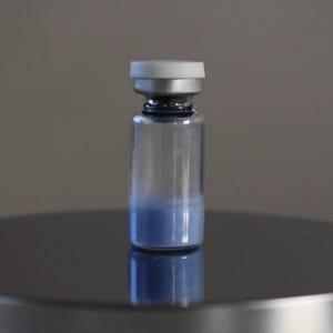 Può includere: Un piccolo flacone di vetro trasparente con un tappo grigio, contenente una sostanza blu. Il flacone si riflette su una superficie scura e lucida. La sostanza blu è concentrata sul fondo del flacone.