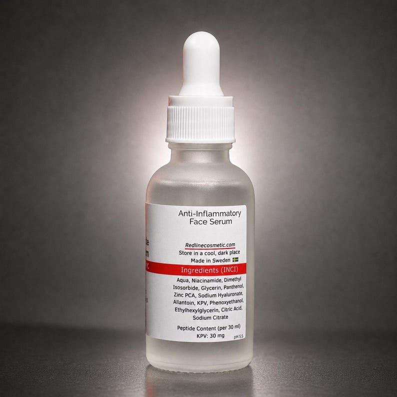 May include: A clear glass dropper bottle containing Anti-Inflammatory Face Serum. The white label features red text, a Swedish flag icon, and a list of ingredients including Niacinamide, Zinc PCA, and Sodium Hyaluronate, with 30 mg KPV per 1 fl oz.