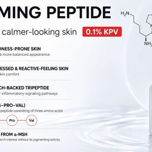 May include: A clear glass dropper bottle of KPV Peptide Face Serum with a white cap. The label lists ingredients including 0.1% KPV, Niacinamide, and Hyaluronic Acid. Text includes Calming Peptide, 0.1% KPV, and a chemical structure diagram.