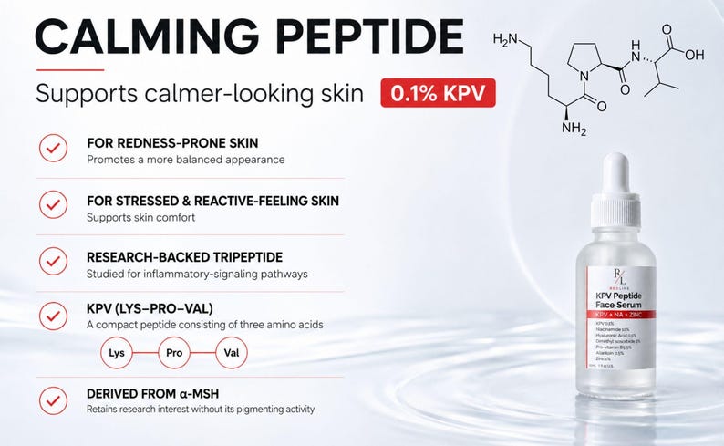 May include: A clear glass dropper bottle of KPV Peptide Face Serum with a white cap. The label lists ingredients including 0.1% KPV, Niacinamide, and Hyaluronic Acid. Text includes Calming Peptide, 0.1% KPV, and a chemical structure diagram.