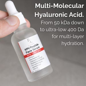 May include: A frosted glass dropper bottle of Redline KPV Peptide Face Serum with a white label. The label lists ingredients including KPV 0.2%, Niacinamide 10%, and Hyaluronic Acid 0.5%. The bottle contains 30ml, 1 fl oz U.S. of liquid serum.