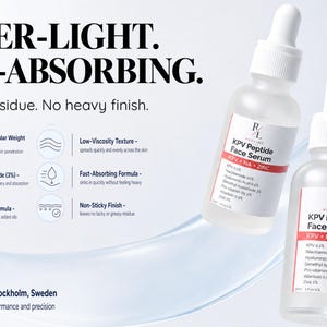 May include: Two clear glass dropper bottles of KPV Peptide Face Serum with white caps. The labels list ingredients including Niacinamide, Hyaluronic Acid, and Zinc. Text reads: WATER-LIGHT. FAST-ABSORBING. No sticky residue. No heavy finish.