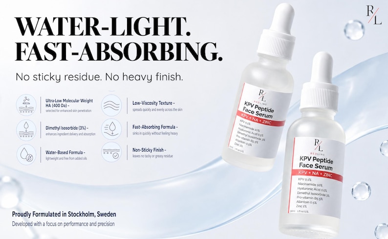 May include: Two clear glass dropper bottles of KPV Peptide Face Serum with white caps. The labels list ingredients including Niacinamide, Hyaluronic Acid, and Zinc. Text reads: WATER-LIGHT. FAST-ABSORBING. No sticky residue. No heavy finish.