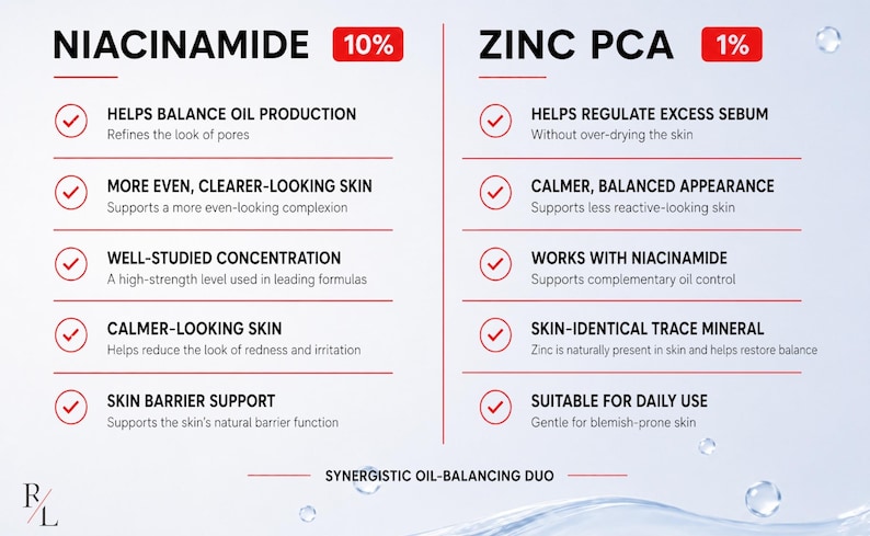 May include: An informational graphic detailing Niacinamide 10% and Zinc PCA 1% benefits. The text lists features like balancing oil production, refining pores, and supporting skin barrier function, with checkmarks next to each point.