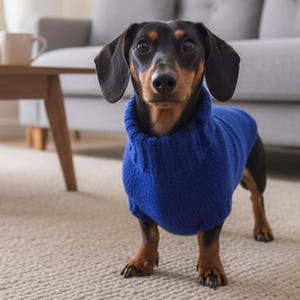 May include: A Dachshund dog wearing a blue knitted jumper. The dog has black and brown fur and is standing on a beige carpet. A wooden table and a grey sofa are in the background.