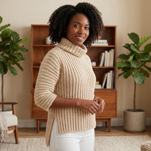 Può includere: Una donna indossa un maglione a collo alto a coste beige con maniche a tre quarti e spacco. Il maglione è abbinato a pantaloni bianchi. La donna è in piedi davanti a una libreria in legno e una pianta in vaso.