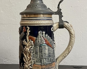 Jarra de cerveza alemana vintage W. Gerz Munich con tapa de peltre y jarra de cerveza bávara