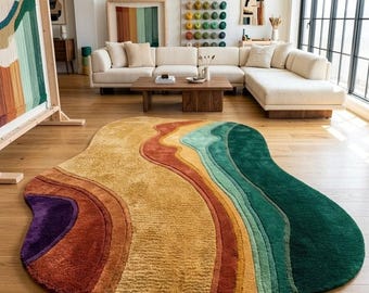 Handmade Wool Tufted Rug - Abstract Wavy 3D Area Rug - Modern Colorful Curvy Rug for Living Room, Bedroom, Aesthetic Home Decor Premium Gife