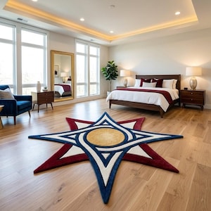Modern Starburst Handmade Tufted Wool Rug, 3D Embossed Geometric Area Rug for Office & Living Room, Luxury Blue Red Gold Custom Large Carpet